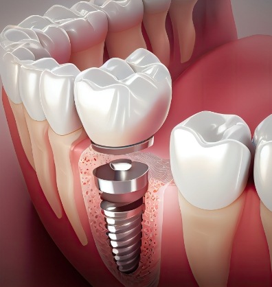 Illustrated dental crown being attached to a dental implant