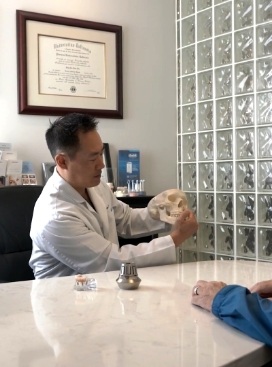 Doctor Steve Lim showing a model of the teeth to someone across desk